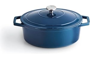 Qulinart by Brandt - Cocotte en Fonte d'Acier Individuelle Couvercle en Fonte avec Bouton en Inox - Convient pour Induction - Passe au Four - Bleu (Ovale)