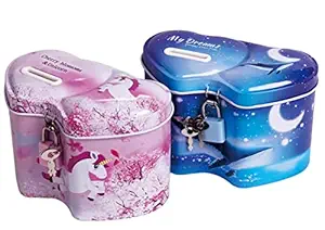 AdiChai Metal Double Unicorn Heart Money Bank with Lock Coin Box for Kids, Boys, Girls, Piggy Bank for Kids, Birthday Return Gift , Random Colour - Set of 1