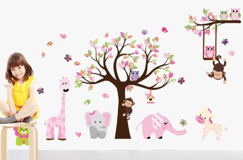 Nette Zoo Animal Wandaufkleber mit Affe Spielen auf Baum-Zweig mit Zebra, Löwe, Elefant Giraffe und Owl Nursery Wandtattoo - 4