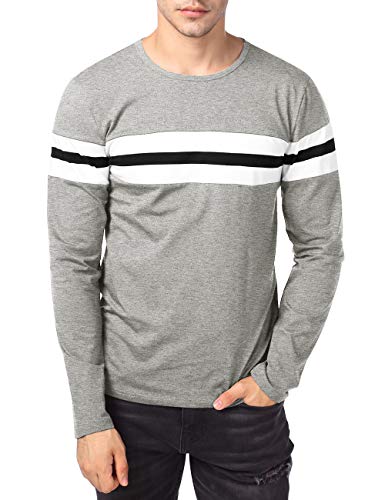 HEMOON Crew Neck Long Sleeve, Men's Contrast Color Casual Gym Active T-Shirt Tops M Grey