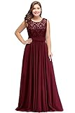 Größe von 32 bis 52 Misshow Damen Übergröße Abendkleid Spitze Chiffon Rückenfrei Elegant Lang Ballkleid Gr.32-52, Rot, 44