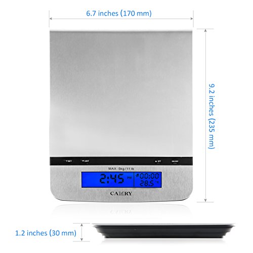 Camry Digitale Multifunktionsküchenwaage mit Thermometer, Wecker und Echtzeituhr, Edelstahl, Kapazität bis zu 5 kg, zum Verstauen aufhängbar, EK8450, 23.5×3.5x17cm - 5