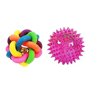 Kiki N Pooch One Cat Chew Knot, Woven Braided Rainbow Ball with Jingle Bell + One LED Squeaky Ball Toy for Dogs, Cats and Puppies (Combo, Multicolour)
