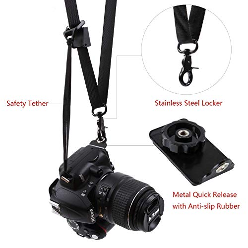 Camera Shoulder Neck Strap, waka Rapid Sling Camera Strap Quick Release with Safety Tether Adjustable Belt for All DSLR Camera Canon Nikon Sony Olympus, Black