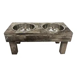 Huntley Equestrian Pet Berjen Table Elevated Double Bowl Pet Feeder, Brown Wash (Large) (02189)