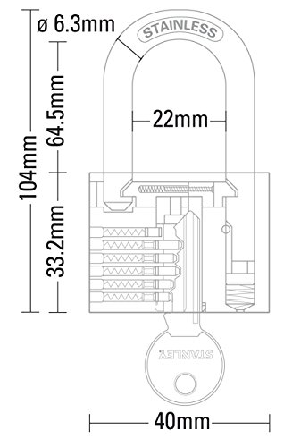 STANLEY Solid Brass Chrome plated Vorhangschloss 40mm mit hohem Bügel, 3 Schlüssel,S742-016, Schloss, Bügelschloss - 6