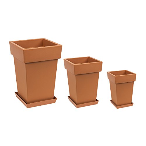 3er Set Blumentopf Blumenkübel inkl. Untersetzer 200 + 240 + 300 lime viereckig Kunststoff Pflanztopf Lofly