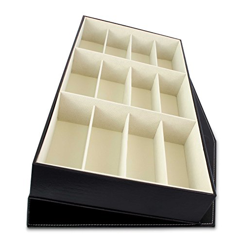 VENKON – Brillenbox für Aufbewahrung & Präsentation von 12 Brillen Organizer – Kunstleder Schwarz – 48 x 25 x 7 cm - 7