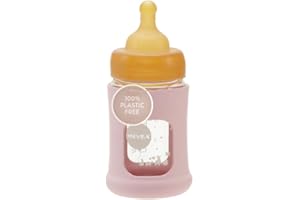HEVEA Plastic-Free Wide Neck Glass Baby Bottle with Sleeve - Slow Flow Anti Colic Baby Bottles Newborn 0+ months - Eco-friendly, BPA-free, Single-pack (150 ML)