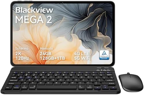 Blackview Mega2 Tablet 12 Pollici Android 15, 24GB RAM + 128GB ROM, 120HZ 2K FHD Gaming Tablet con Tastiera Mouse Mouse Auricolare, 4G LTE+5G WiFi, 9000 mAh, WideVine L1, grigio