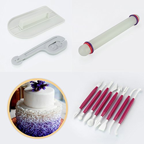 Auralum® 11-teilig Kuchendekorationswerkzeuge, Modellierset – Zuckerkunst, Torten-Set Modellierwerkzeug, Teigglätter/-messer/-roller für Torten, Kuchen und Deko (Rosa) - 5