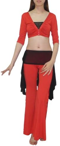 3 PCS SET: Womens Belly Dance 3/4 Sleeve Top, Hip Scarf &amp; Pant Set S-M Black &amp; Red