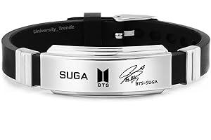 University Trendz Unisex BTS Stainless Steel Bracelet - Suga Signature Printing Silicon Wristband for Boys & Girls
