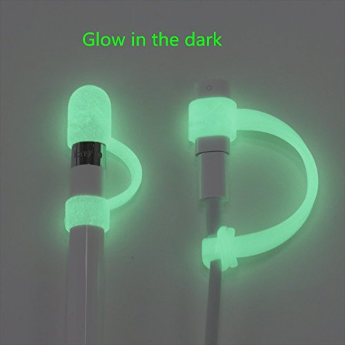 Jisoncase [4-teilig] Apple Pencil und Lightning-Adapter Hülle/ Halter, Herunterrollen zu vermeiden, Halterungen für USB Kabel Ladekabel Datenkabel Adapter, 9.7 12.9 Zoll iPad Pro Pen Kappe Apple Stift Pencilschutz Stiftehalter , praktische applepen Zubehör, Silikon, lichtdurchlässig/ weiß(Fluoreszenz) JS-APL-03P02 - 3