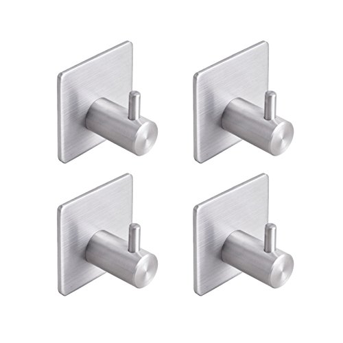 4 Pack of Self Adhesive Bathroom Hooks,No Drill Glue Needed Stainless Steel Hanger Hat Towel Robe Coat Stick-up for Kitchen Bathrooms Lavatory Closets, Water and Rust Proof,Heavy Duty