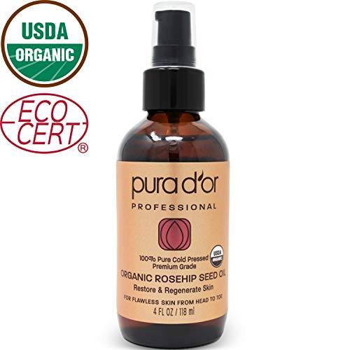 PURA D'OR Rosehip Seed Oil 100% Pure & USDA Organic For Face, Hair, Skin & Nails, 4 Fluid Ounce by PURA D'OR