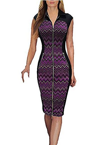 Sparkling YXB Womens Cap Sleeve Zipper Front Slim Patchwork Wear to Work Busincess Pencil Dress (X-large, Purple)