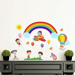 Decal O Decal Kids Play with Rainbow Baloon Aeroplane Bicycle in Open Sky Wall Stickers (PVC Vinyl,Multicolour)