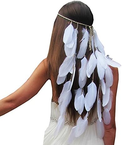 FANHOM Feather Headband Women Indian Headdress Bohemia Wedding Bride Headwear White Tassel Fascinator Hair Accessories Crown Headpiece