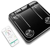 13 FUNCIONES DE MEDICIÓN DE LA COMPOSICIÓN CORPORAL - Use la tecnología de Análisis de Impedancia Bioeléctrica (BIA), la báscula digital inalámbrica no solo muestra el peso corporal, sino que también sincroniza los datos con su aplicación, incluida la grasa corporal, el agua, la masa muscular, el IMC, el BMR, la masa ósea y la proteína , Músculo esquelético y otros datos. Le permite conocer más datos claramente sobre su cuerpo a tiempo y realizar un seguimiento del progreso fácilmente en su telé
