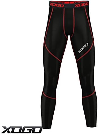XOGO Mens Compression Armour Base layer Top Skin Fit Shirt + Leggings set (Black/Red Bottom, Large)