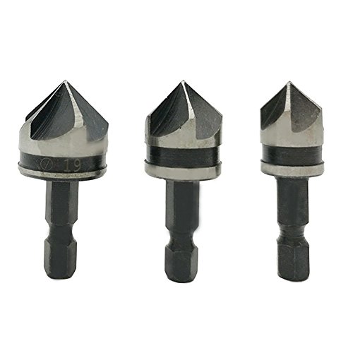 JTENG 3 pcs Senker WS 6.35 kant ø 12mm / 16mm / 19mm Senkbohrung Set 1/4 Zoll Hex Fase 5 Flöte Quick Change Bits - 4