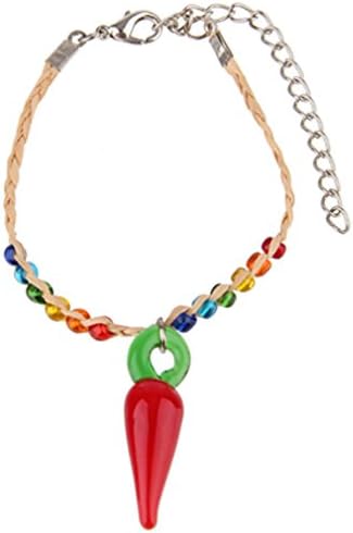 Bodytrend Natural Woven Raffia Bracelet Colourful Glass Beads with red hot Pepper Chilli