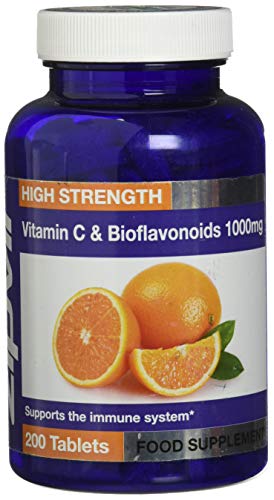 Vitamina C 1000mg con Bioflavonoidi, 200 Compresse vegane. Supporta sistema immunitario. Aumenta l'energia e la vitalità.