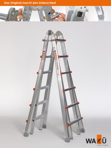 WAKÜ Teleskopleiter 1,85 m - 6,40 m - höhenverstellbar als Anlegeleiter, Bockleiter und Treppenleiter