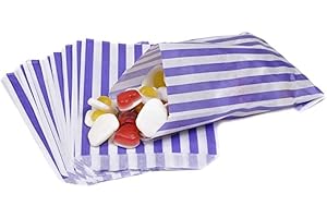 IBEX MART 100 Candy Stripe Bags, Recyclable Purple Striped Sweet Bags Sweets Candies Cookies Wedding Buffet, Paper Sweet Bags For Cake Party Gift Shop, 5" x 7"