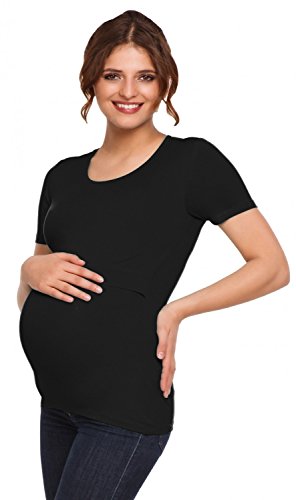 Happy Mama. Women's Maternity Nursing Double Layer T-shirt Round Neckline. 991p (Black, UK 12/14, XL)