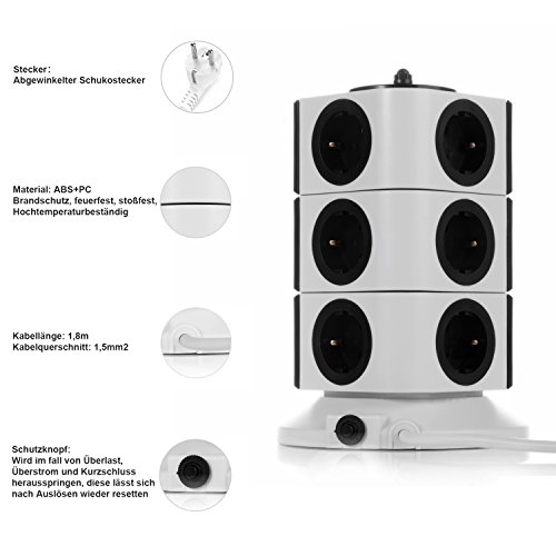 SAFEMORE Schaltbare 11 Fach Steckdosenleiste Mehrfachsteckdosen Steckdosenturm mit 2 USB Anschlüsse 2500W/10A Schwarz - 3