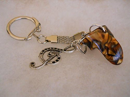 Handmade Brown Guitar Fingerpick Keyring With Treble Clef And Heart Charm. With Free Gift Box.