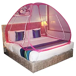 Silver Shine Mosquito Net Foldable Polyester,2.4 mm Strong PVC Coated Steel Tent Style Mosquito Net (Double Bed, Pink Pink)