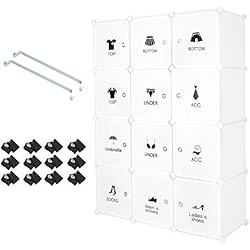 Meerveil Armoire Penderie Portable, Étagère de Rangement, Cubes de Stockage Modulaire en Plastique en métal Stable, Assemblage Facile pour Vêtements, Accessoires, Jouets (Autocollant, 12 Cube)