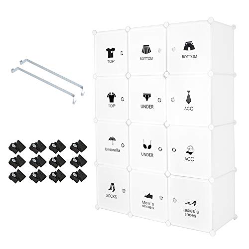 Meerveil Armoire Penderie Portable, Étagère de Rangement, Cubes de Stockage Modulaire en Plastique en métal Stable, Assemblage Facile pour Vêtements, Accessoires, Jouets (Autocollant, 12 Cube)