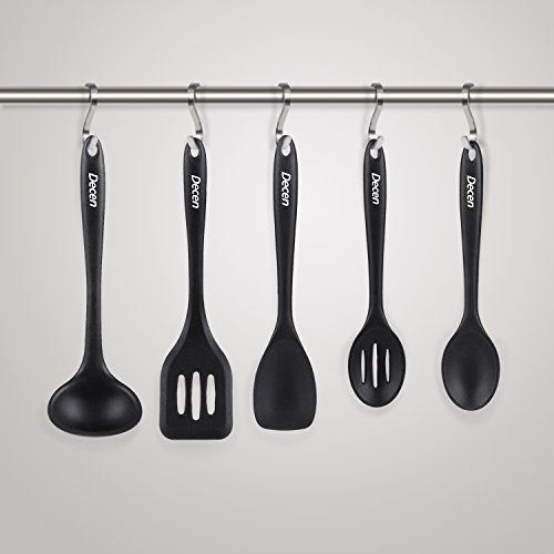 Decen Küchenutensilien Set, Silikon Dreher, Suppenkelle, Schlitzlöffel, Spachtel und Löffel, Schwarz - 3