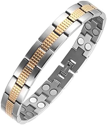 Moocare Magnetic Health Bracelet Titanium with Gold Stripe Double Rows Powerful Magnet Golf Wristband for Men