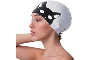 iwobi Gorro de Natación Gato, Gorro de Silicona con diseño de Gato, Gorro Natación para Mujer y Hombre 100% de Silicona Impermeable, Alta Comodidad y adherencia