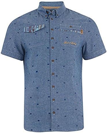 Mens Rock &amp; Revival Short Sleeve Denim Chambray Shirt With Aztec Printed Pattern. Style - Harrington (R605381C) Colour - Light Blue. Size - Medium