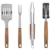 Barbecue Accessory Set in Acacia Wood and Stainless Steel with Extra Long Wooden Handles and Eyelets - Includes Free Recipe P