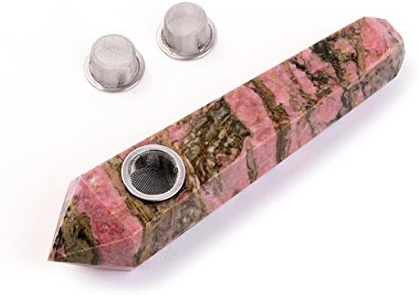 Primemory Six Prismatic Natural Peach-Blossom Stone Crystal Pipe with 2pcs Metal Filter, Smoking Pipes, Pipe for Tobacco About 4-4.5 Inches