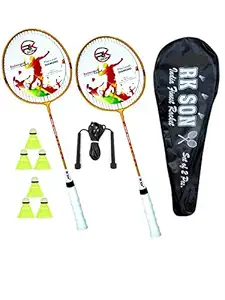 RK SON Badminton Rackets Set of 2 for Kids & Adults with 6 Piece Shuttles Steel Shaft Badminton Racquet Shuttlecock Combo Kit with Cover Bag & Skipping Rope
