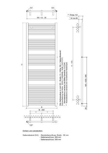XIMAX Badheizkörper HEKTOR-SA (weiß) mit Seitenanschluss NA:900 mm, Höhe 1616 x Breite 600 mm - 2