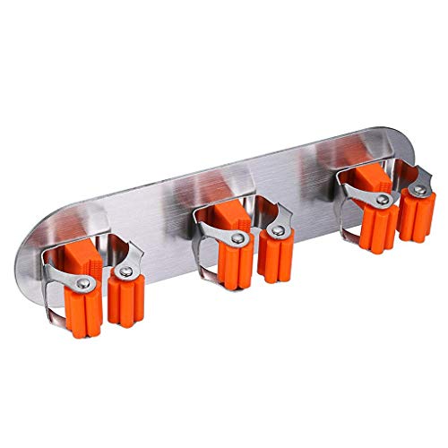 Moligh doll mop broom bracket storage bag, self-adhesive wall-mounted mop hook broom hanger with spring clip design bathtub installation household tools/kitchen storage rack (3 bracket)