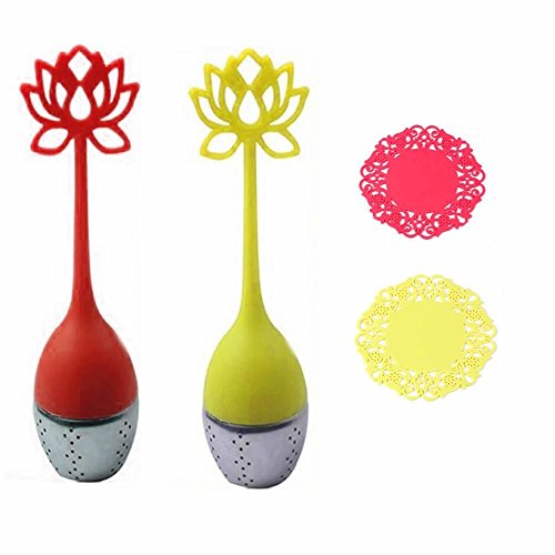 GOOTRADES Tea Strainer Set Lotus Shaped Silicone Tea Infuser Filter with Free Coasters (Red/Yellow)