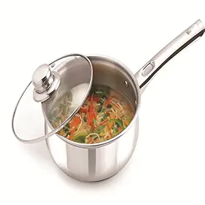 Warmeo TriPly Cookware Induction Base with Stainless Steel Handle & Glass Lid Saucepan, 1000ml(14cm), 1 Pcs, Silver.