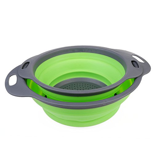 2 Stück Collappsible Colander Set, Silikon Faltbarer Seiher Abtropfsieb Home Küche Faltbar Silikon-Filter Utensil Set Gemüse Obstkorb (Grün+Grau) [Energieklasse A+] - 8
