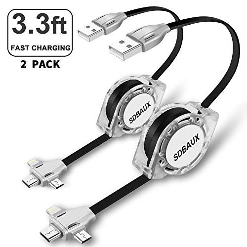 SDBAUX Multi 3 in 1 USB Retractable Charging Cable 2Pack 3.3ft,Fast Charge Charger Cord with Eight Pin Type C Micro USB Port Compatible with all Phone Samsung Galaxy Google Pixel LG Tablets