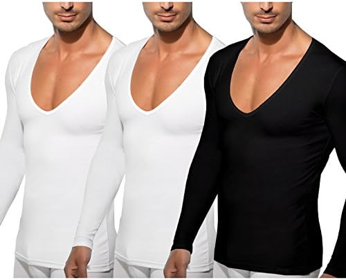Doreanse Mens 3 Pack Multipack Basic Slim Fit longsleeve T-Shirt with deep V-Neck ( Large, 1x Black, 2x White )